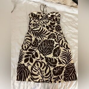 Vintage City Triangles Leaf Print Dress in Brown and Cream